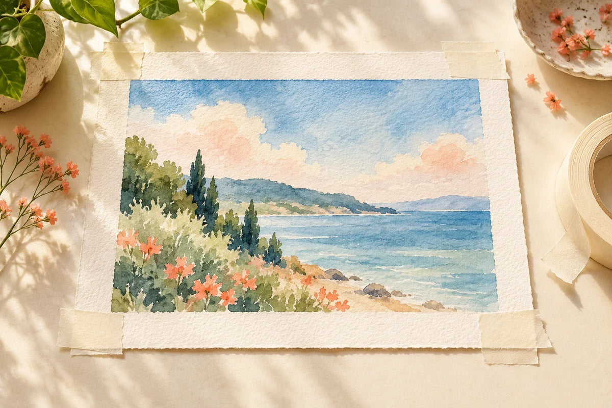 Artist tape on watercolor paper: a careful start