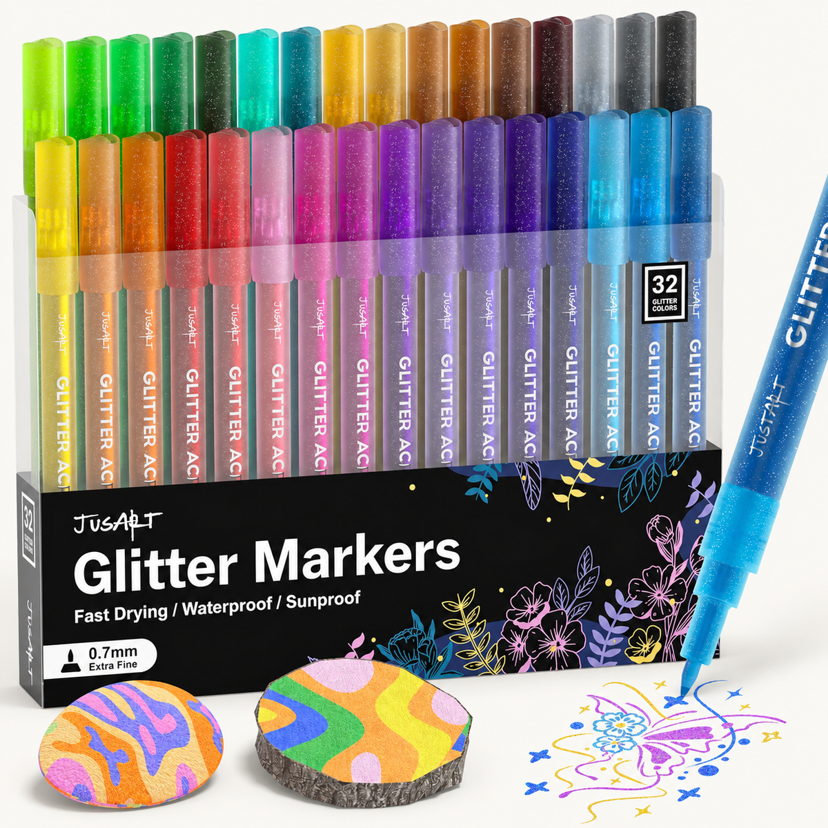 32-Color Glitter Markers – 0.7 mm Fine Tips