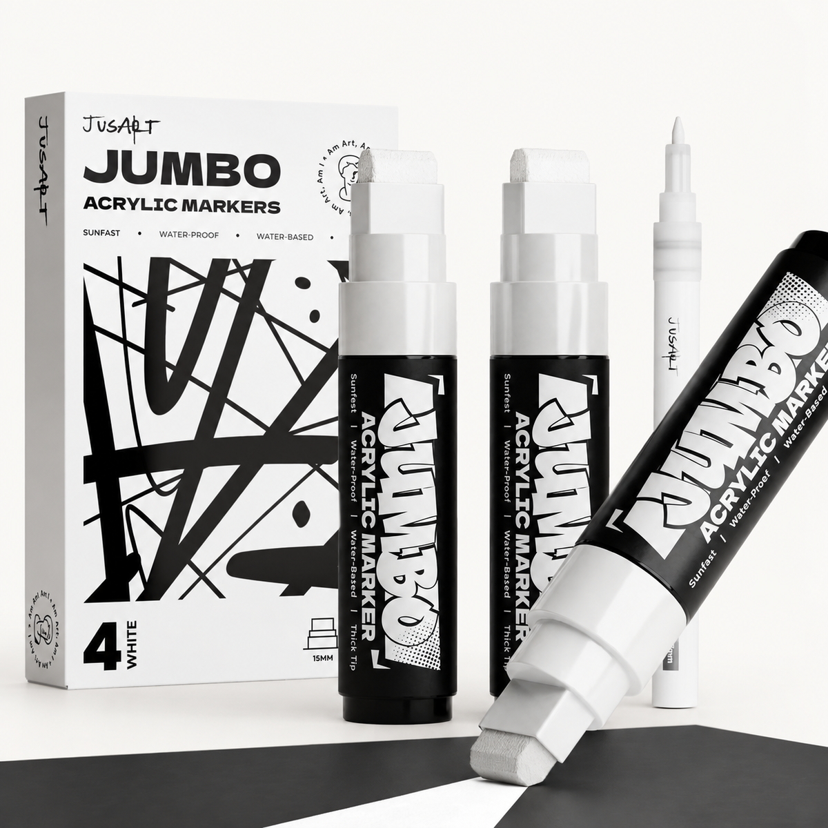 Paquete de 4 marcadores acrílicos jumbo blancos – puntas de 15 mm y 0.7 mm