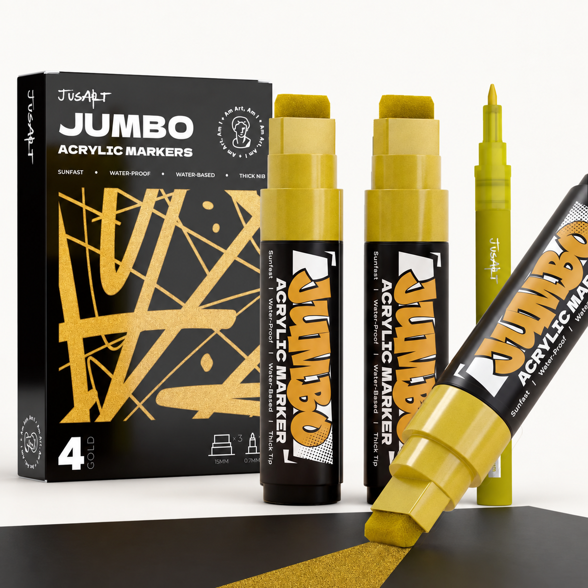 Paquete de 4 marcadores acrílicos dorados jumbo – Puntas de 15 mm y 0.7 mm