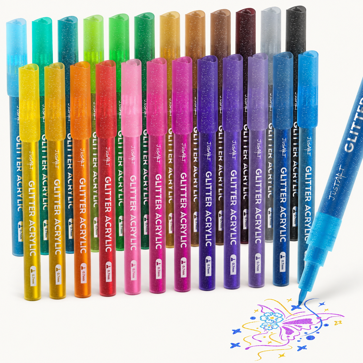 24-Color Glitter Markers – 0.7 mm Fine Tips