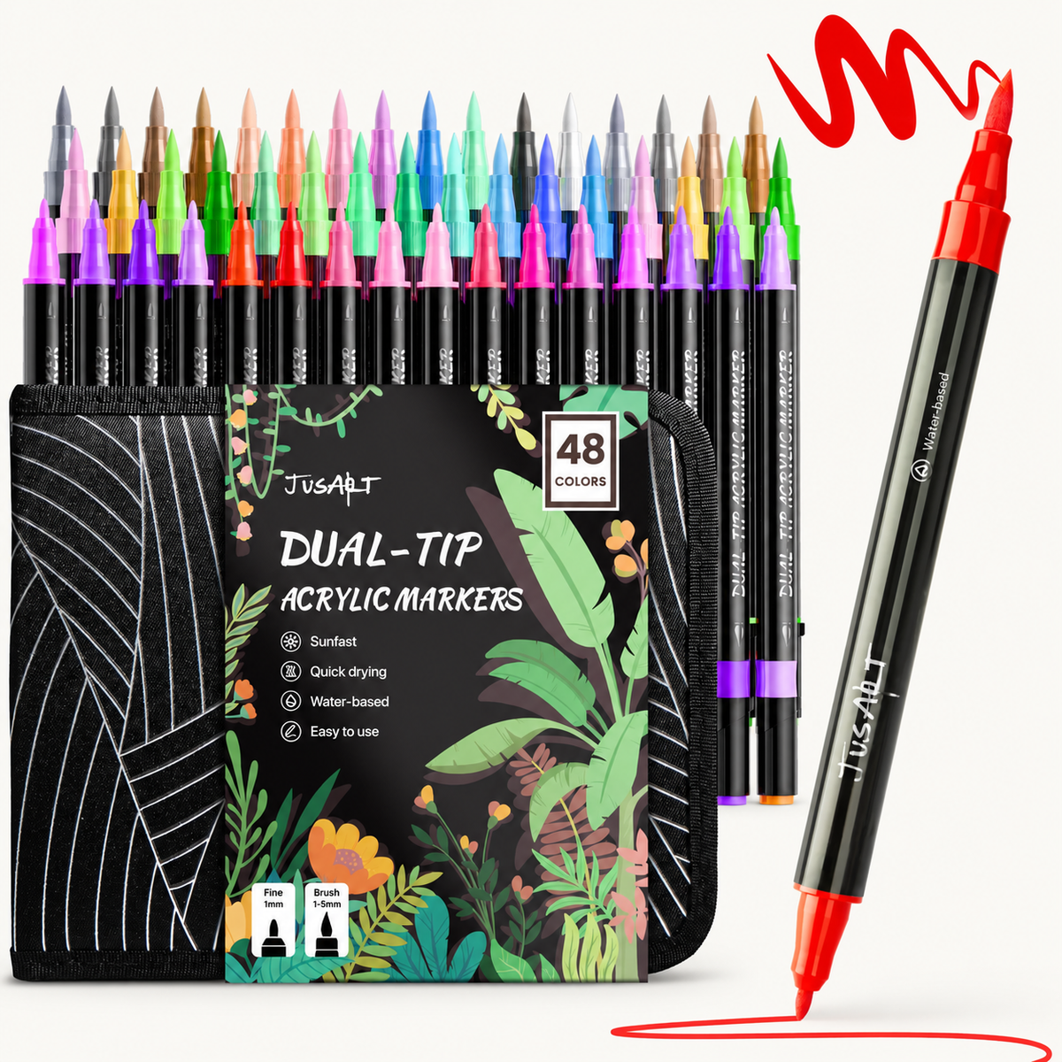 Rotuladores acrílicos de 48 colores – Puntas de pincel y fina, estuche de lona