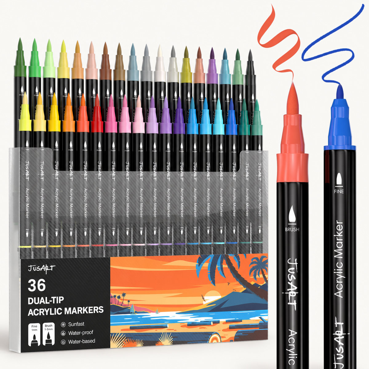 Marcadores acrílicos de 36 colores: punta de pincel y punta fina