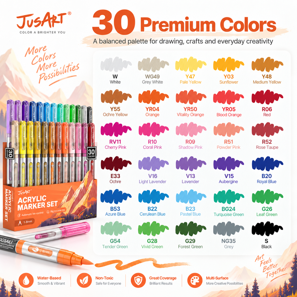 30-Color Acrylic Markers – Brush Tip