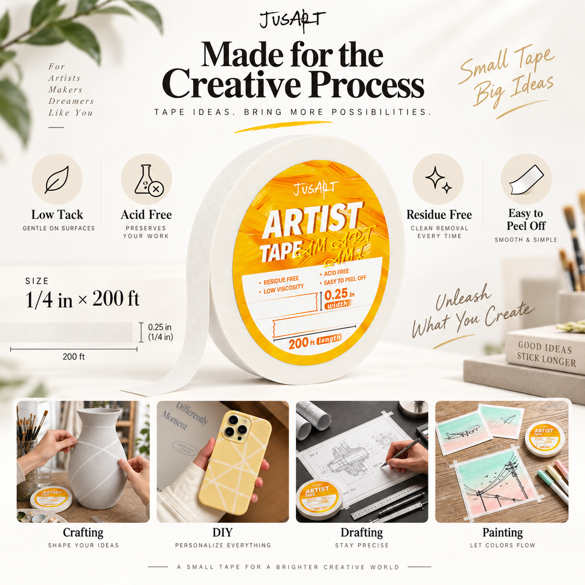 Cinta de artista – 1/4 pulg × 200 pies