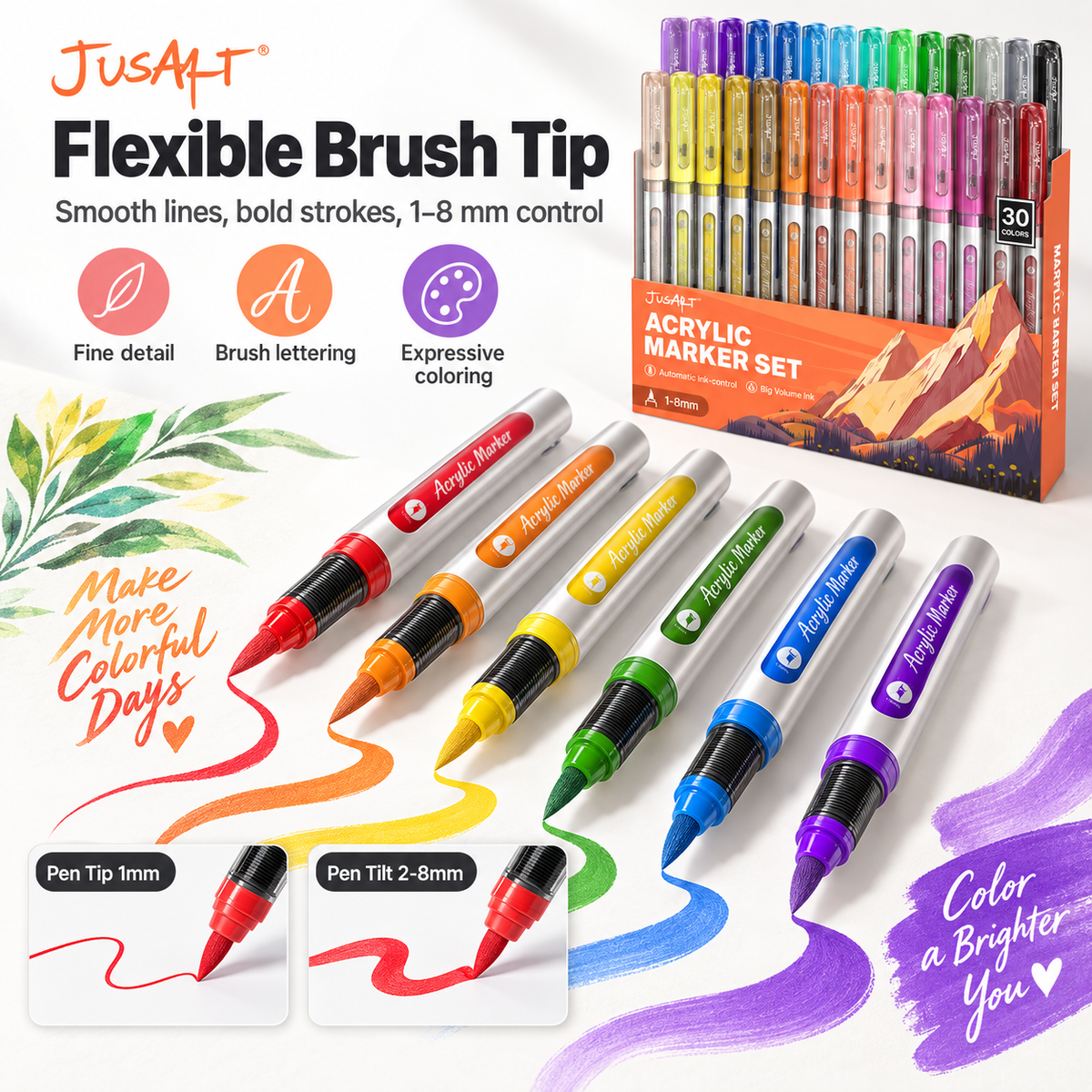 30-Color Acrylic Markers – Brush Tip