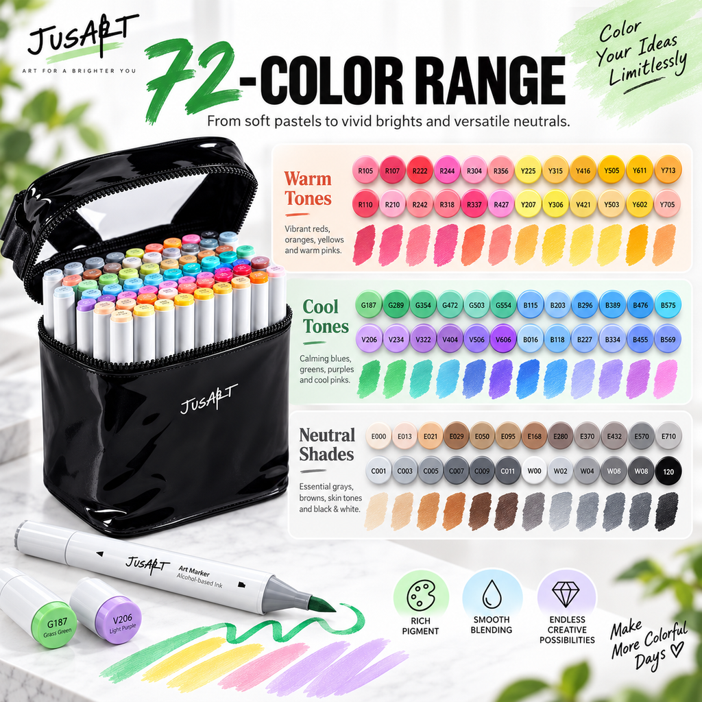 72-Color Alcohol Markers – Dual Tip Brush & Chisel Set