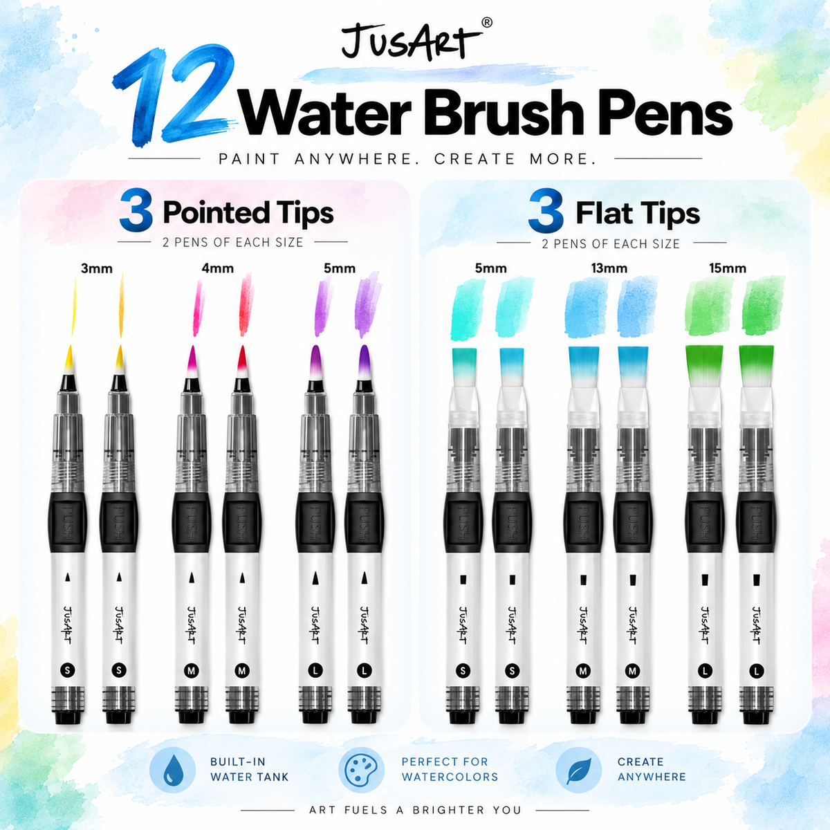 12-Pack Water Brush Pens – Pointed & Flat Tips