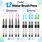 12-Pack Water Brush Pens – Pointed & Flat Tips