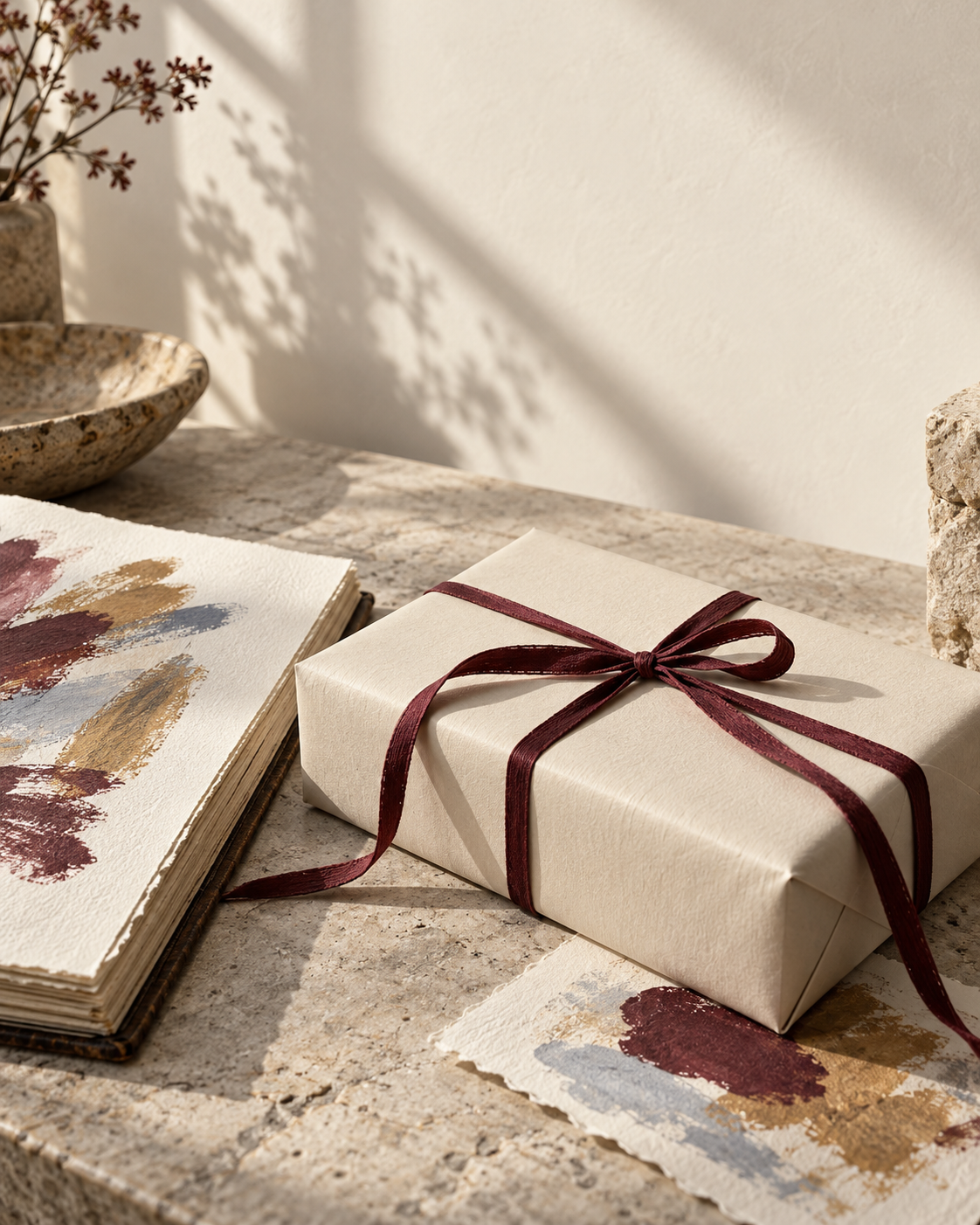 Creative still life of a wrapped parcel beside painted sketchbook pages