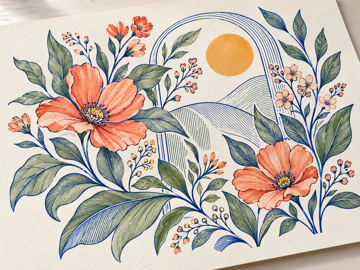 Illustrative botanical study with fine blue outlines and detailed coral flowers