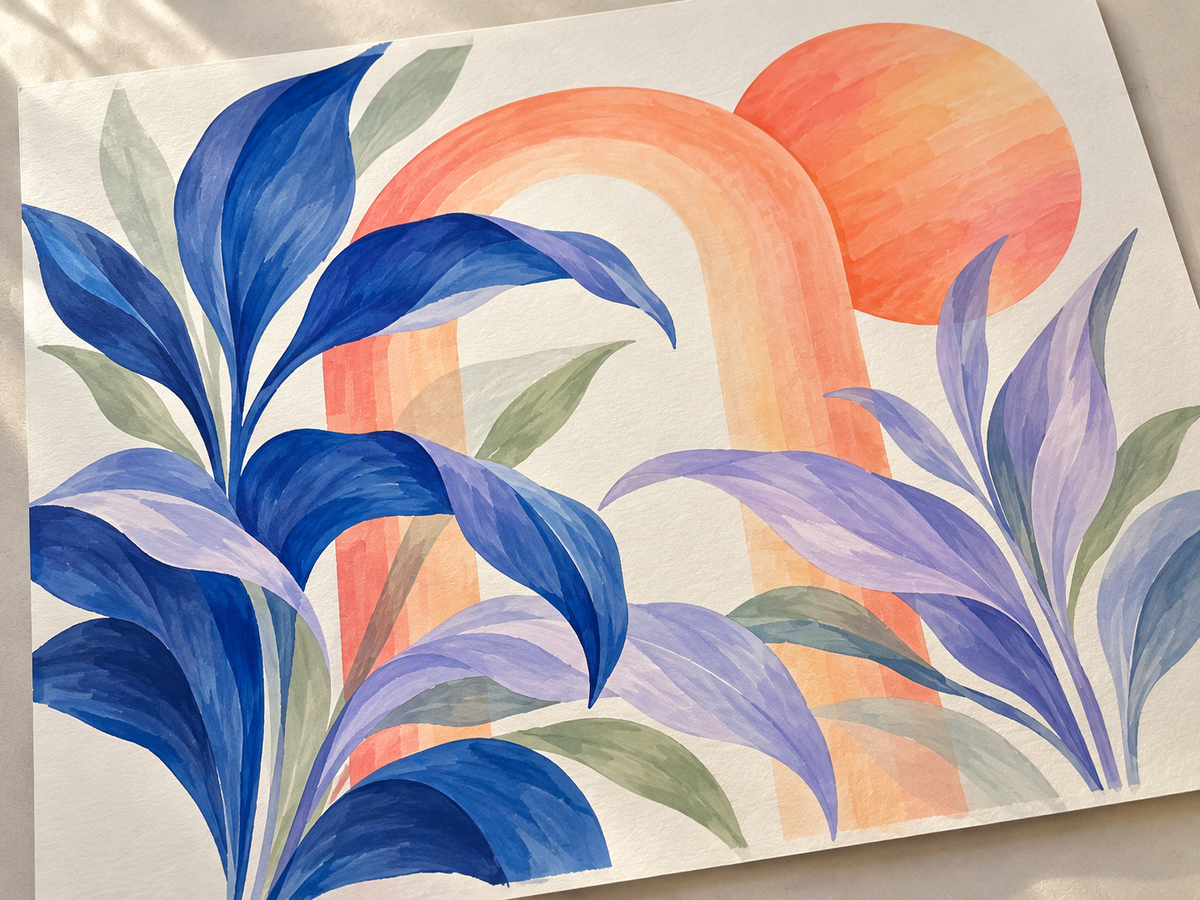 Illustrative botanical study with translucent blue and coral color transitions