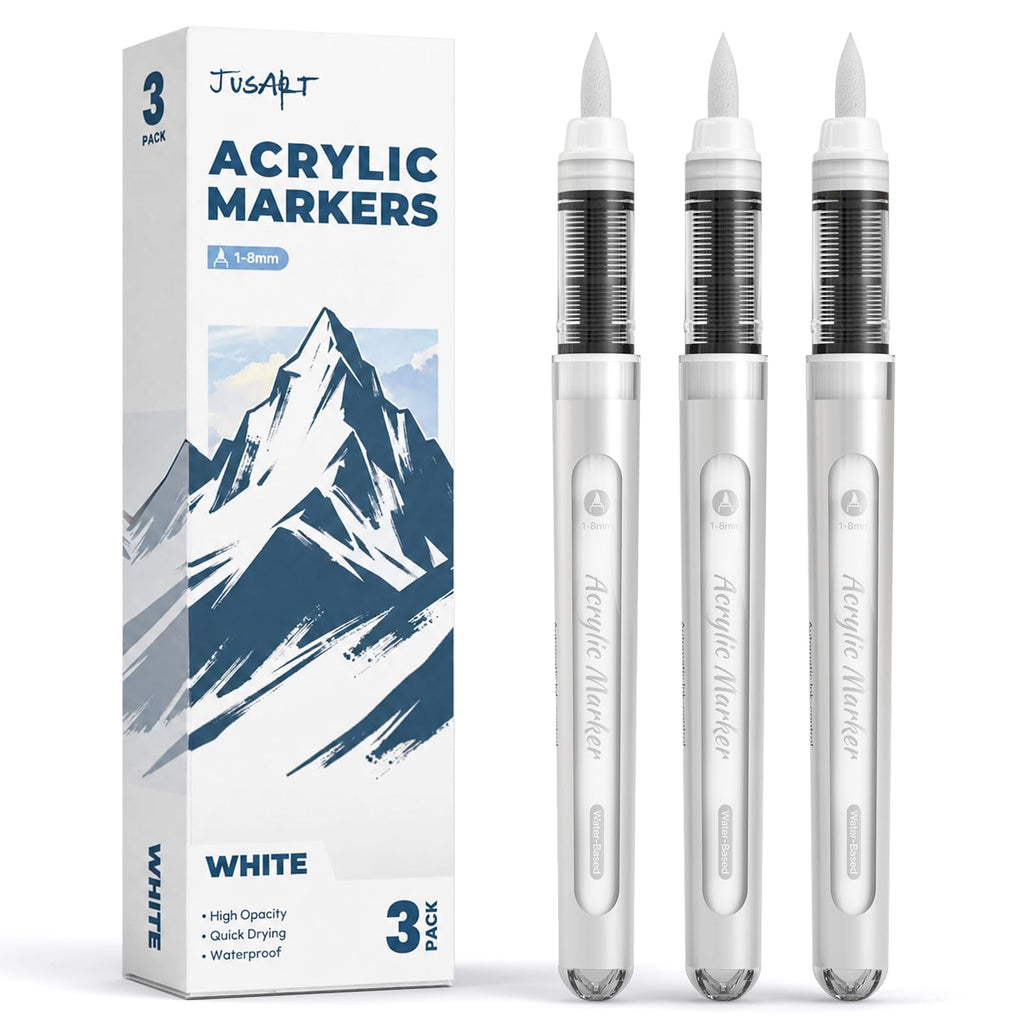 3 White Acrylic Paint Markers Brush Tip, Automatic Ink Control,Water-Based White Paint Pen,Waterproof Acrylic Pens for DIY Art & Crafts -Fabric, Wood, Rock, Plastic
