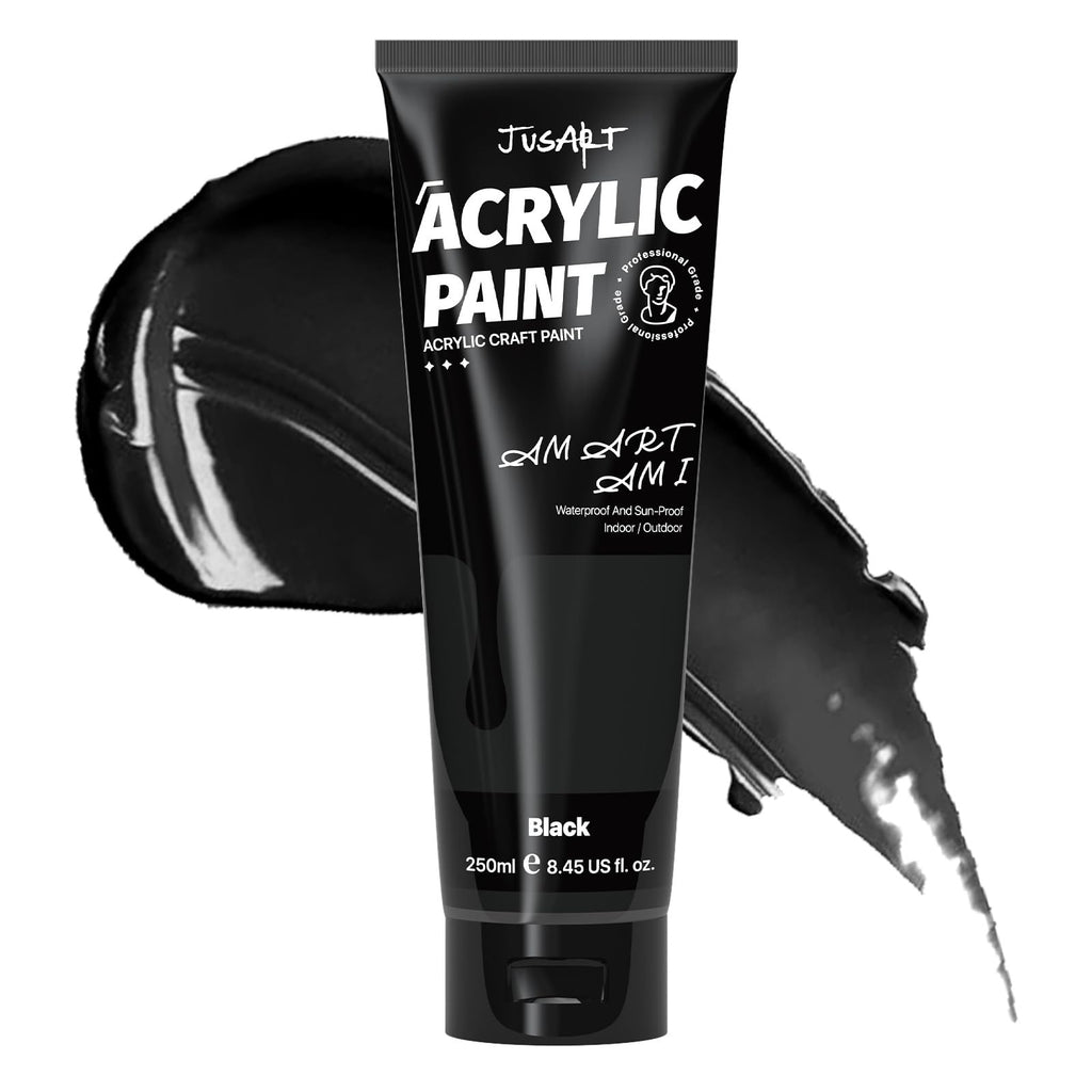 JusArt Acrylic Paint Black Tubes 250ml (8.45 oz), Non Toxic Craft Paint, No Fading Rich Pigment for Canvas Painting, Wood, Fabric, Clay, Stone, Ceramics Art Supplies for Artists, Adults