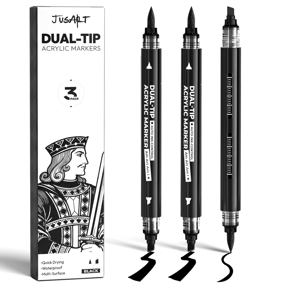 3 Black Dual-Tip Acrylic Paint Markers, Automatic Ink Control Black Paint Pen for Wood, Glass, Fabric, Rock Painting, Coloring Books, DIY Crafts for Adults