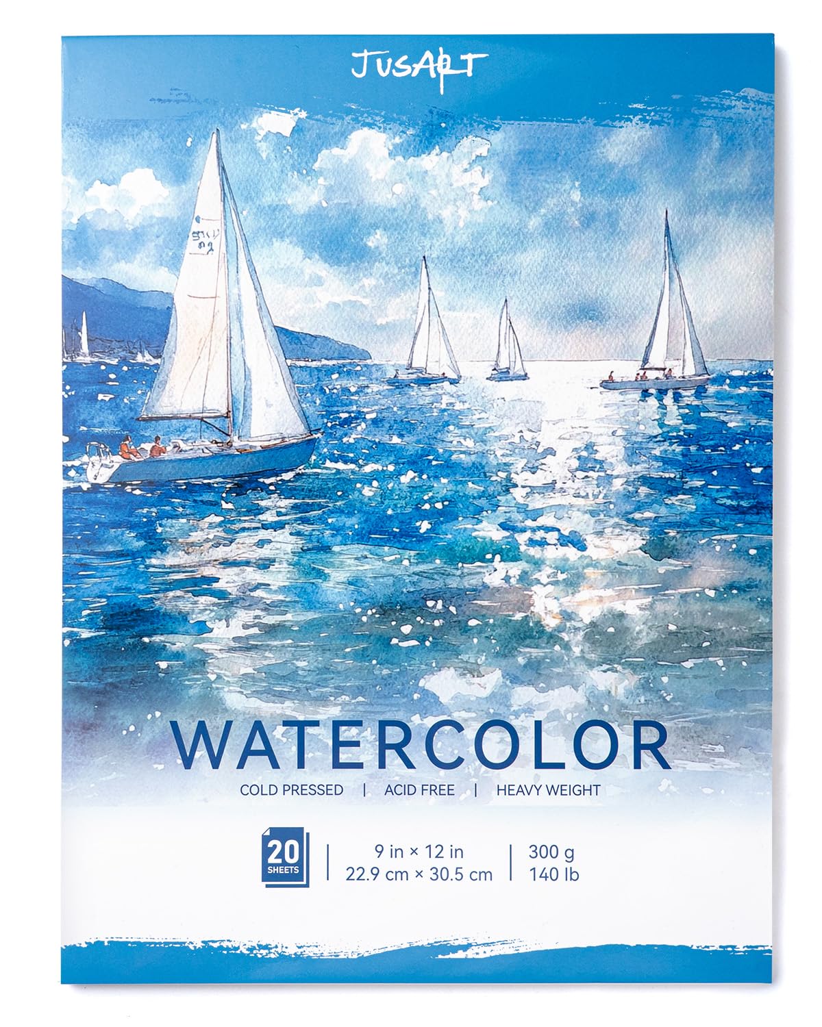 JusArt Watercolor Paper Pad 9"x12", 300gsm/140lb, Cold Press Water Color Paper, Acid-Free, for Wet & Dry Media, Watercolor, Gouache & Sketching, 20 Sheets, Perfect for Artists
