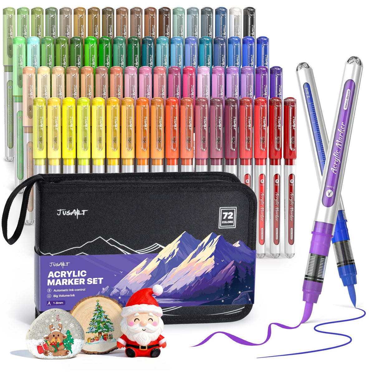JusArt 72 Colors Acrylic Paint Markers with Canvas Bag, Water-Based No-Bleed Paint Pens with Automatic Ink Control, Waterproof Brush Tip Markers for Crafts -Fabric, Rock, Wood, Glass, Eggs-Easter