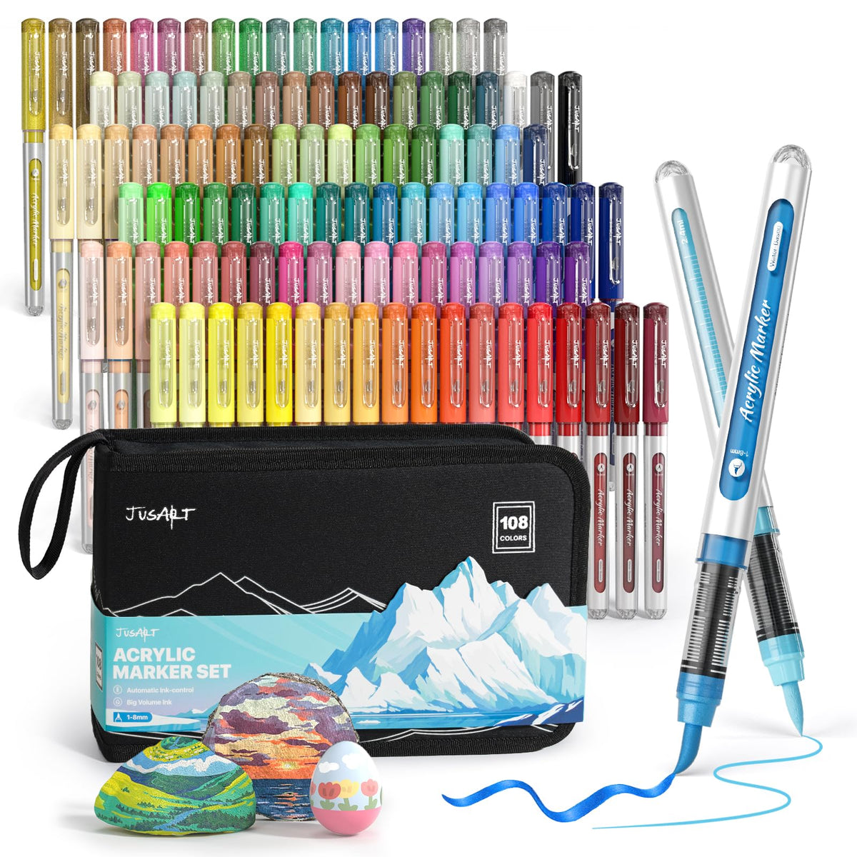 108 Colors Acrylic Paint Markers with Canvas Bag, Water-Based No-Bleed Paint Pens with Automatic Ink Control, Waterproof Brush Tip Markers for Crafts -Fabric, Rock, Wood, Glass, Eggs-Easter