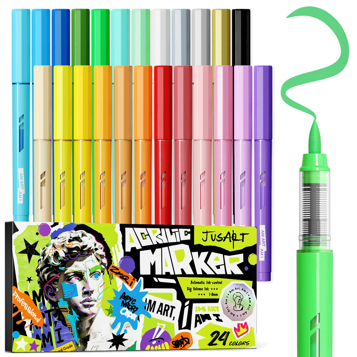 Acrylic Paint Markers, 24 Colors, Brush Tip, Automatic Ink Control