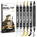 6 Black & White & Gold Acrylic Paint Markers, Dual Tip Markers, Automatic Ink Control, Waterproof Paint Pen for Rock, Wood, Glass, Fabric, Canvas, DIY Crafts