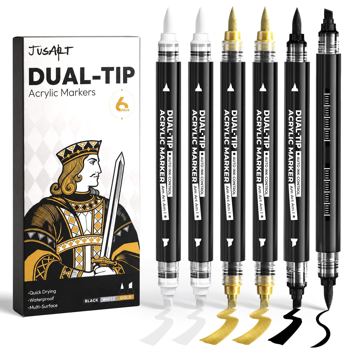 6 Black & White & Gold Acrylic Paint Markers, Dual Tip Markers, Automatic Ink Control, Waterproof Paint Pen for Rock, Wood, Glass, Fabric, Canvas, DIY Crafts