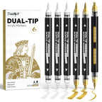 6 White & Gold Acrylic Paint Markers, Dual Tip Markers for Drawing, Automatic Ink Control, Waterproof Paint Pen for Rock, Wood, Glass, Fabric, Canvas, DIY Crafts