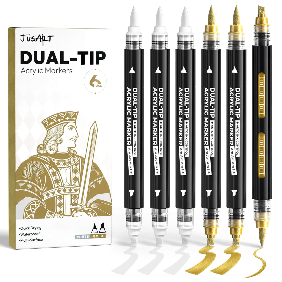 6 White & Gold Acrylic Paint Markers, Dual Tip Markers for Drawing, Automatic Ink Control, Waterproof Paint Pen for Rock, Wood, Glass, Fabric, Canvas, DIY Crafts