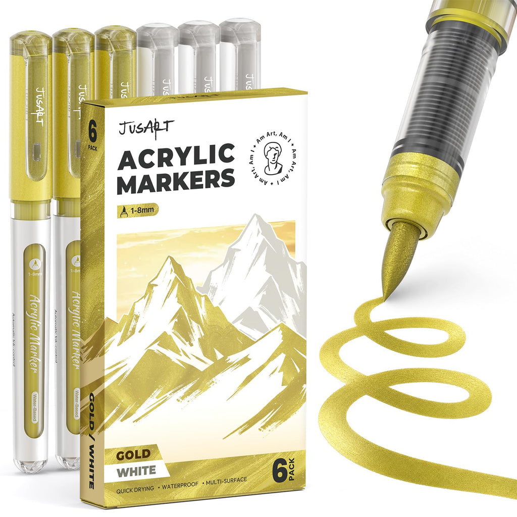 6 Pack White & Gold Paint Pens Brush Tip, Automatic Ink Control, Water-Based, No-Bleed Acrylic Markers for Drawing Arts & Crafts, Works on Canvas, Wood, Glass, Rock, Metal