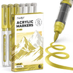 6 Pack White & Gold Paint Pens Brush Tip, Automatic Ink Control, Water-Based, No-Bleed Acrylic Markers for Drawing Arts & Crafts, Works on Canvas, Wood, Glass, Rock, Metal