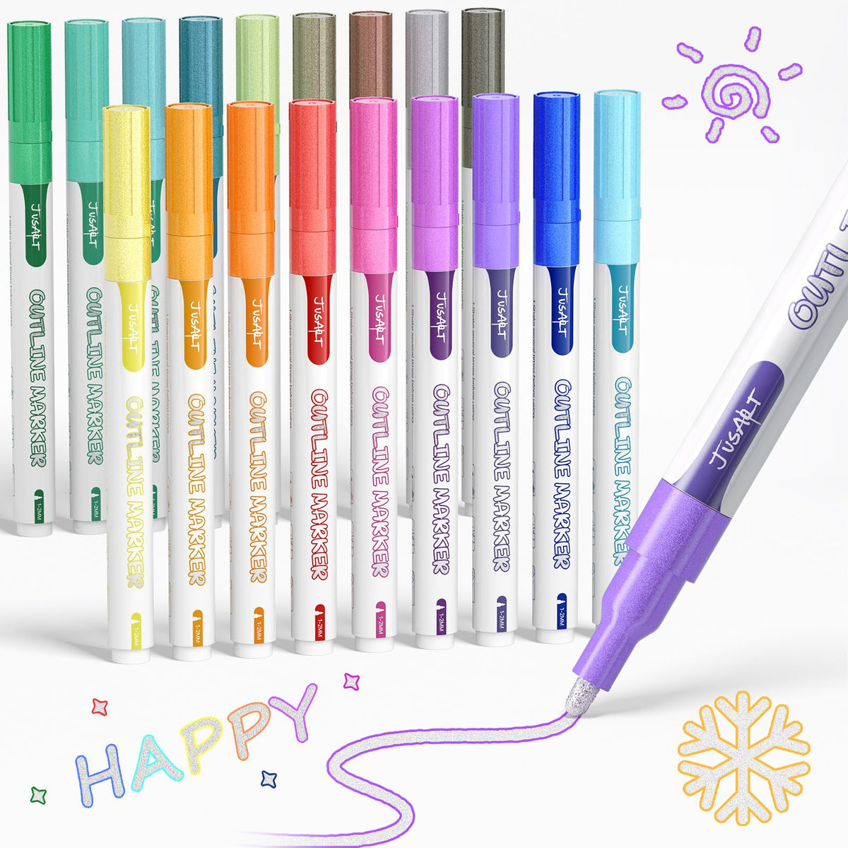 JusArt Outline Sparkle Markers, Glitter Markers,18 Metallic Shimmer Pens for Adult Coloring, Cool Fun Drawing Supplies for Christmas, Easter, Halloween
