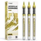 3 Gold Acrylic Paint Markers Brush Tip, Automatic Ink Control,Water-Based Metallic Markers, Waterproof Acrylic Pens for DIY Art & Crafts -Fabric, Wood, Rock, Plastic
