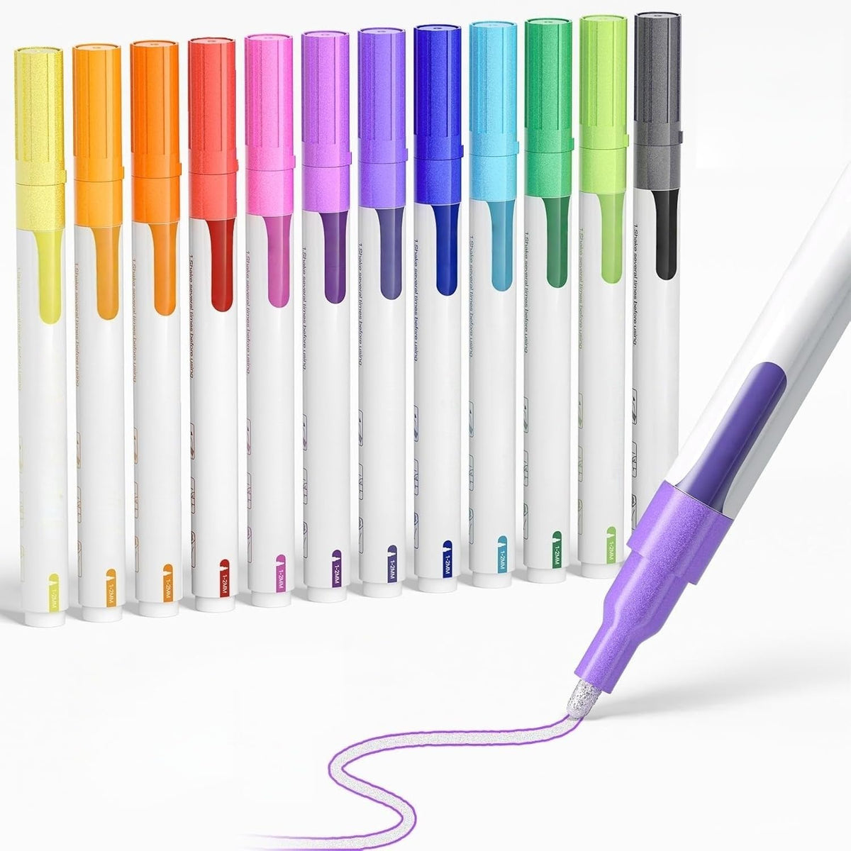 JusArt Outline Sparkle Markers, Glitter Markers,12 Metallic Shimmer Pens for Adult Coloring, Cool Fun Drawing Supplies for Christmas, Easter, Halloween