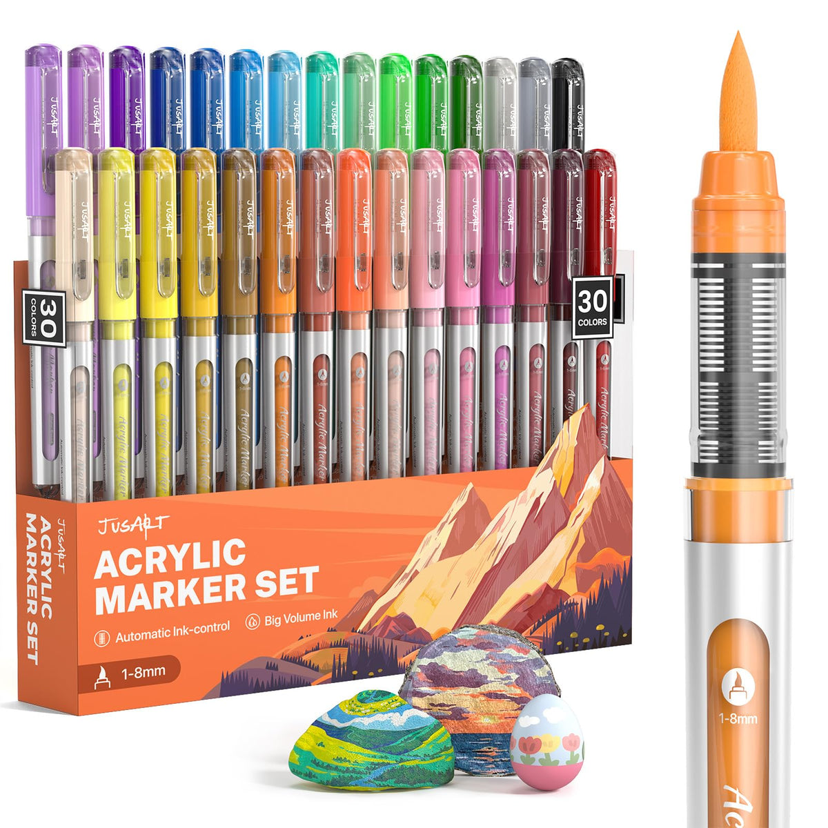JusArt Acrylic Paint Markers Brush Tip 30 Colors, Water-Based No-Bleed Markers with Automatic Ink Control, Waterproof Acrylic Paint Pens for Eggs, Fabric, Rock, Glass, Ceramic, Metal