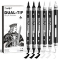 6 Black & White Acrylic Paint Markers, Dual Tip Markers for Drawing, Automatic Ink Control, Waterproof Paint Pen for Rock, Wood, Glass, Fabric, Canvas, DIY Crafts