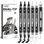 6 Black & White Acrylic Paint Markers, Dual Tip Markers for Drawing, Automatic Ink Control, Waterproof Paint Pen for Rock, Wood, Glass, Fabric, Canvas, DIY Crafts