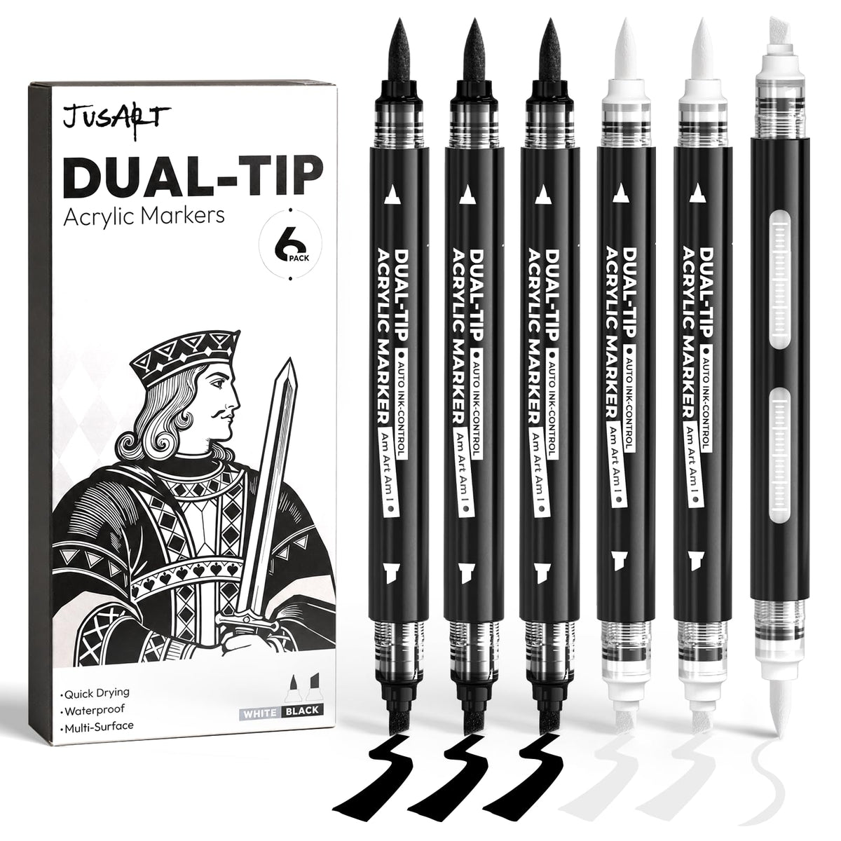 6 Black & White Acrylic Paint Markers, Dual Tip Markers for Drawing, Automatic Ink Control, Waterproof Paint Pen for Rock, Wood, Glass, Fabric, Canvas, DIY Crafts