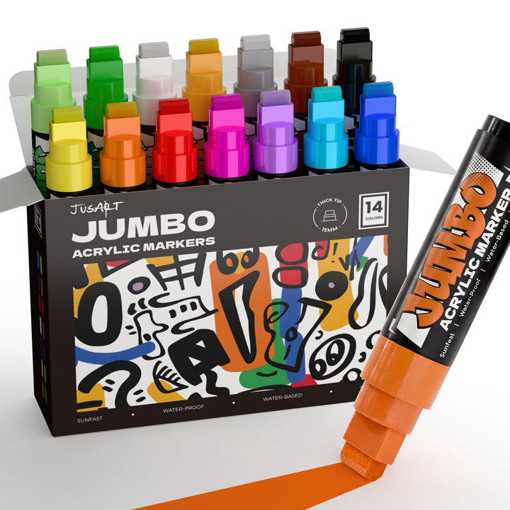 Marcadores acrílicos jumbo de 14 colores – Puntas anchas 3 en 1 de 15 mm