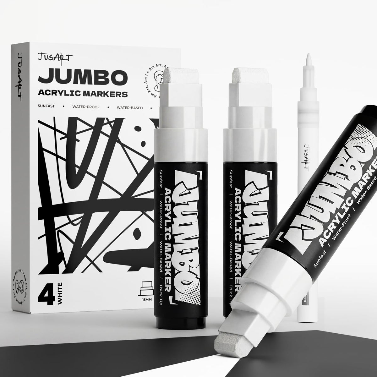 Paquete de 4 marcadores acrílicos jumbo blancos – puntas de 15 mm y 0.7 mm