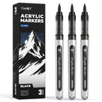 3 Black Acrylic Paint Markers Brush Tip, Automatic Ink Control,Water-Based Black Paint Pen,Waterproof Acrylic Pens for DIY Art & Crafts -Fabric, Wood, Rock, Metal