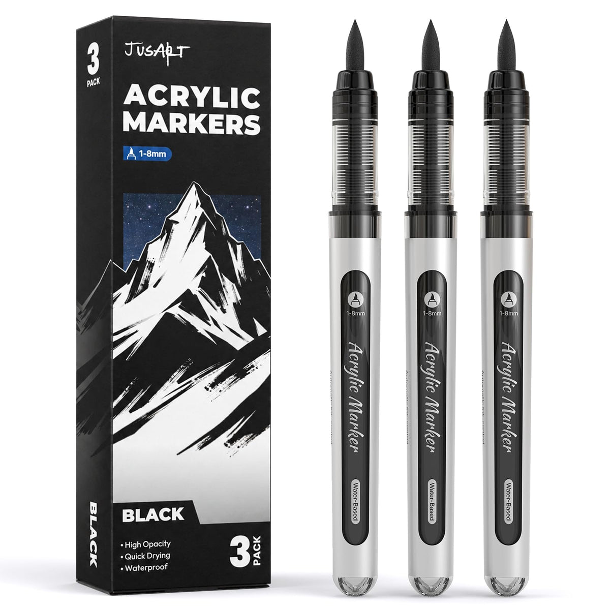 3 Black Acrylic Paint Markers Brush Tip, Automatic Ink Control,Water-Based Black Paint Pen,Waterproof Acrylic Pens for DIY Art & Crafts -Fabric, Wood, Rock, Metal