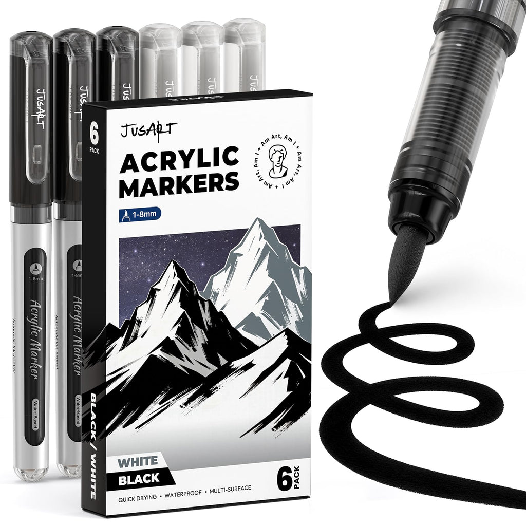 6 Pack Black & White Paint Pens Brush Tip, Automatic Ink Control, Water-Based, No-Bleed Acrylic Markers for Drawing Arts & Crafts,Works on Canvas, Wood, Glass, Rock, Metal