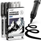 6 Pack Black & White Paint Pens Brush Tip, Automatic Ink Control, Water-Based, No-Bleed Acrylic Markers for Drawing Arts & Crafts,Works on Canvas, Wood, Glass, Rock, Metal
