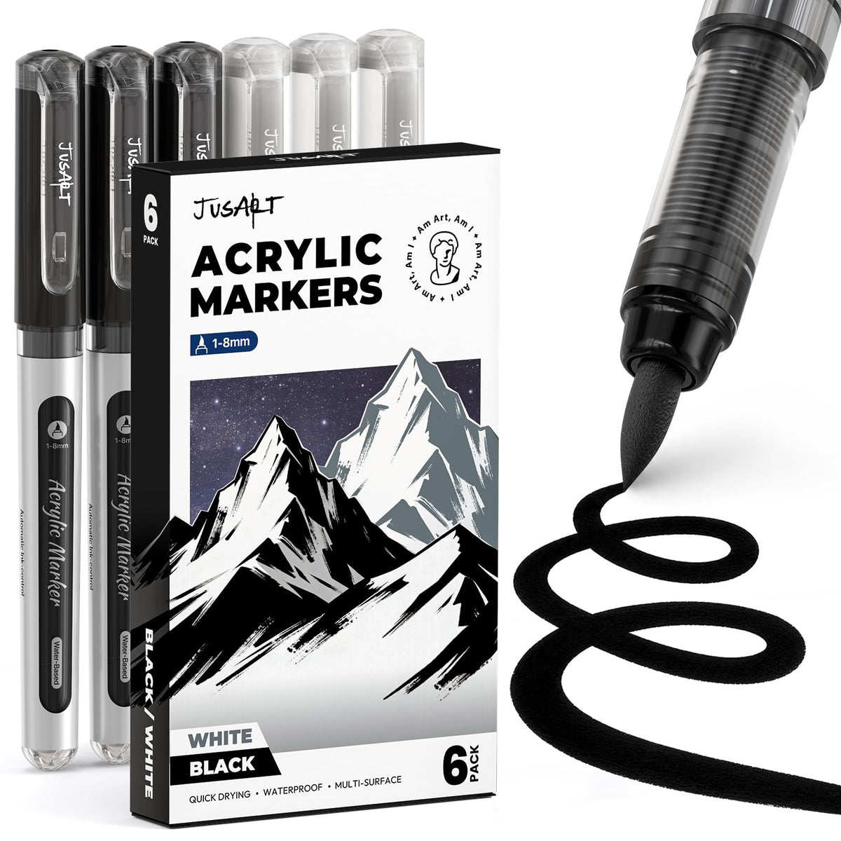 6 Pack Black & White Paint Pens Brush Tip, Automatic Ink Control, Water-Based, No-Bleed Acrylic Markers for Drawing Arts & Crafts,Works on Canvas, Wood, Glass, Rock, Metal