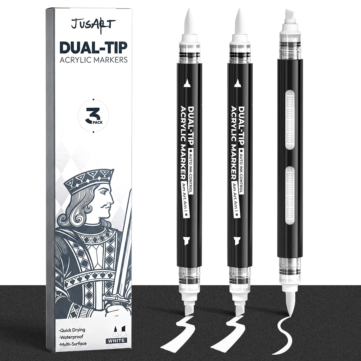 3 White Dual-Tip Acrylic Paint Markers, Automatic Ink Control White Paint Pen for Wood, Glass, Fabric, Rock Painting, Coloring Books, DIY Crafts for Adults