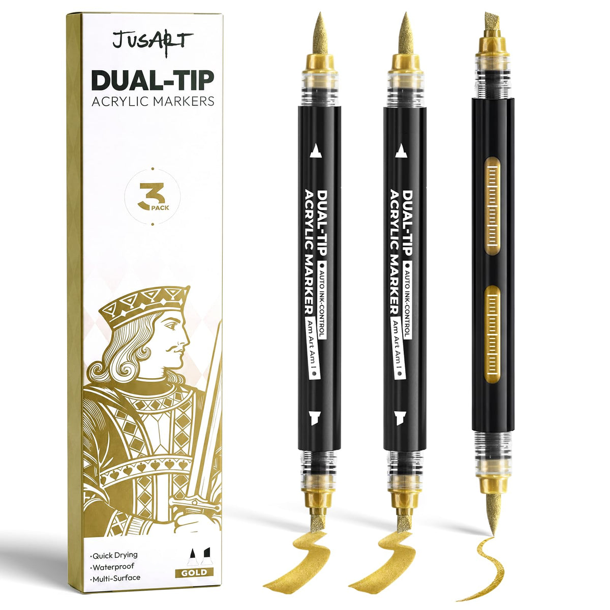 3 Gold Dual-Tip Acrylic Paint Markers, Automatic Ink Control,Gold Paint Pen for Wood, Glass, Fabric, Rock Painting, Coloring Books, DIY Crafts for Adults