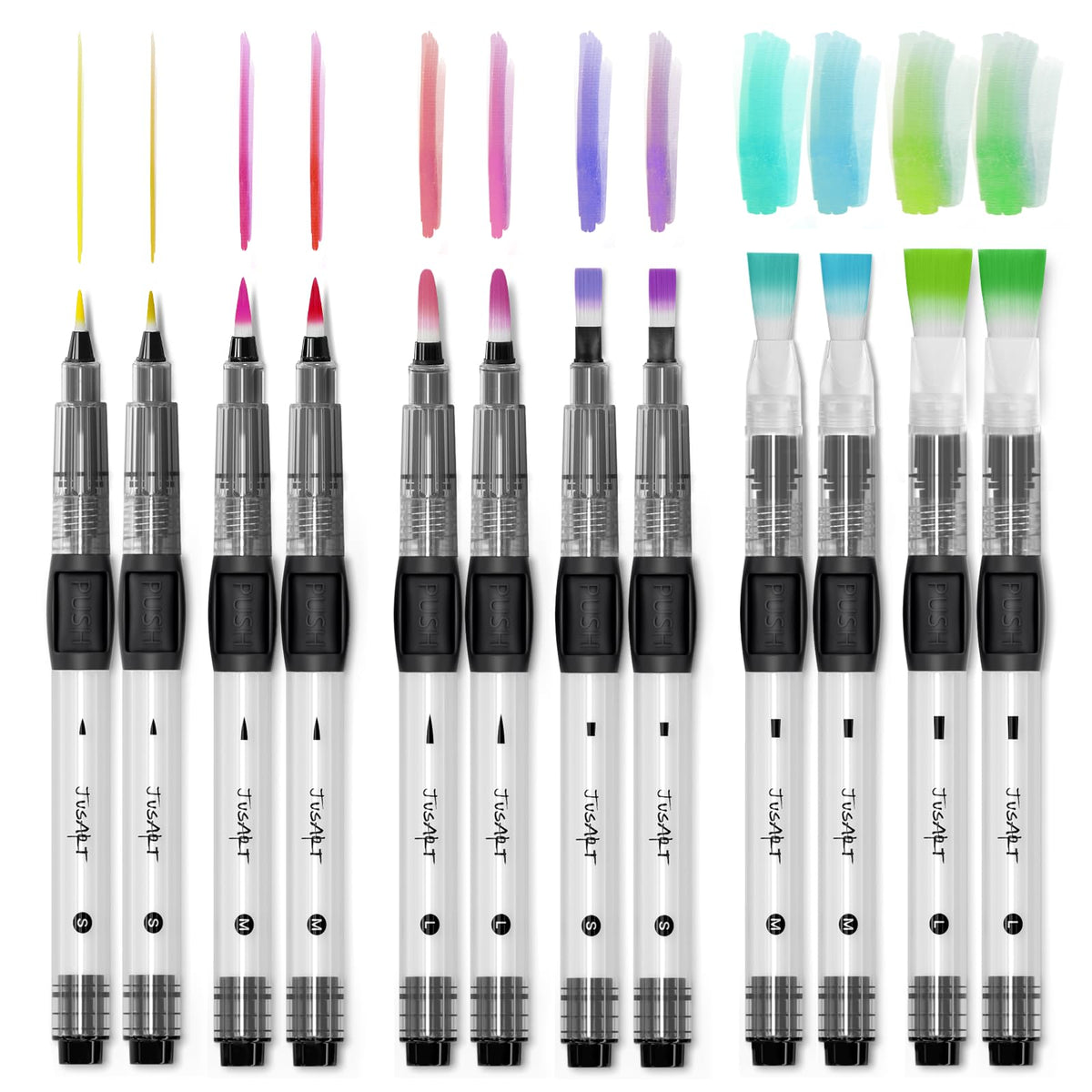 JusArt Water Brush Pens 12-Pack Leak-Proof Refillable Watercolor Pens for Acrylic and Gouache Painting - Includes Pointed & Flat Tip Styles - Portable Water Brushes for Artists, Beginners