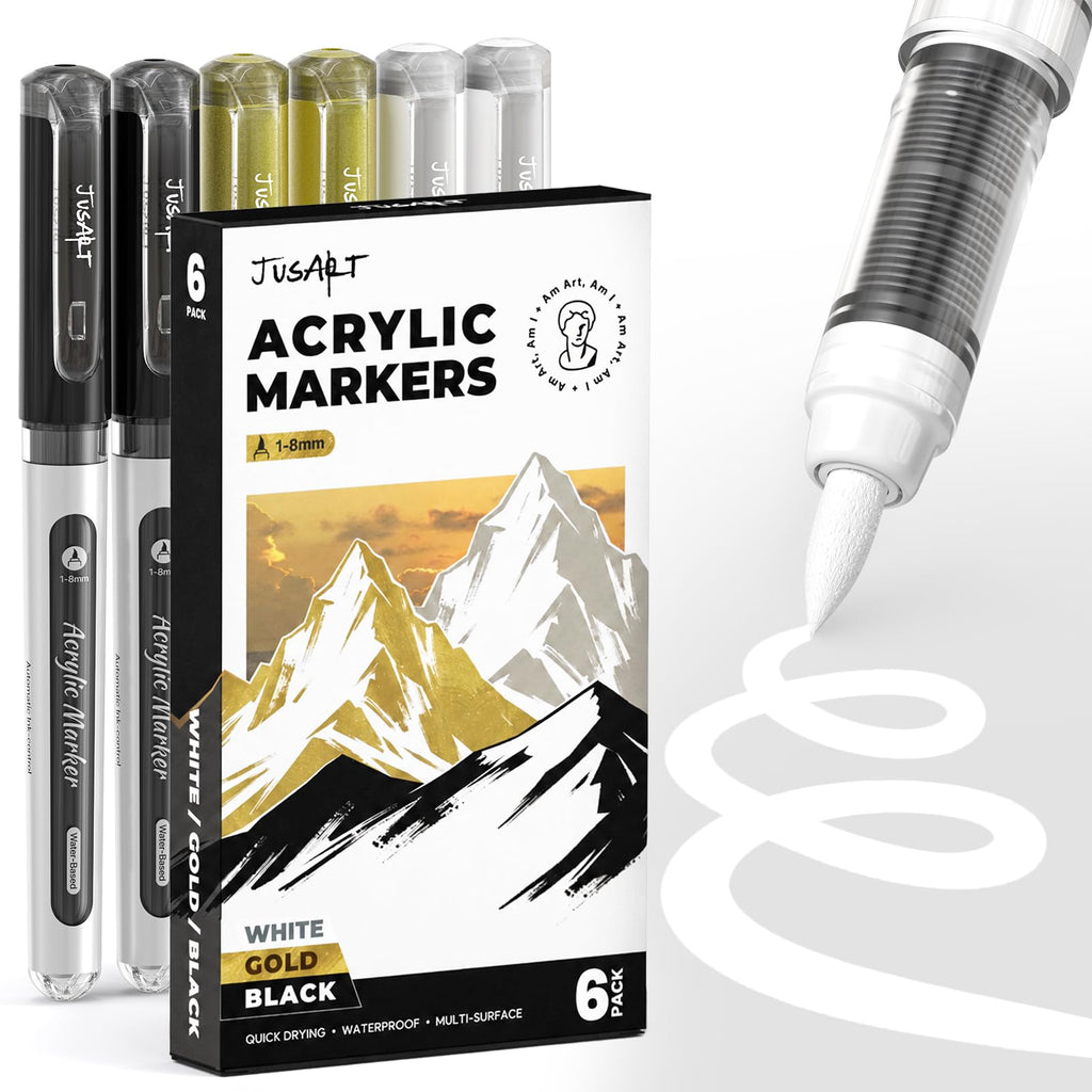 6 Pack Black & White & Gold Paint Pen Brush Tip, Water-Based Marker, Automatic Ink Control No-Bleed Acrylic Markers, Drawing Arts & Crafts, Works on Canvas, Wood, Glass, Rock