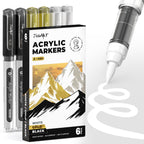 6 Pack Black & White & Gold Paint Pen Brush Tip, Water-Based Marker, Automatic Ink Control No-Bleed Acrylic Markers, Drawing Arts & Crafts, Works on Canvas, Wood, Glass, Rock