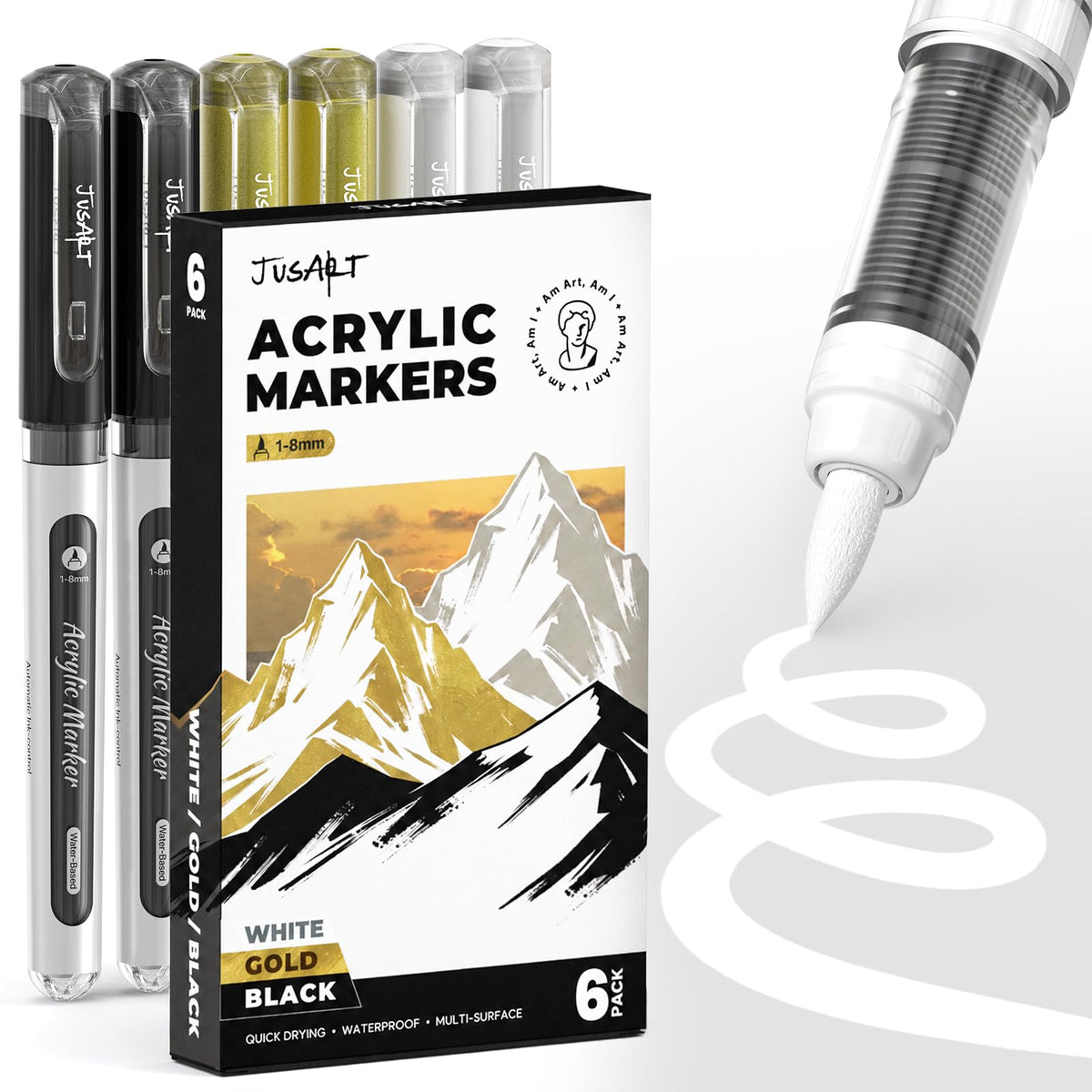 6 Pack Black & White & Gold Paint Pen Brush Tip, Water-Based Marker, Automatic Ink Control No-Bleed Acrylic Markers, Drawing Arts & Crafts, Works on Canvas, Wood, Glass, Rock