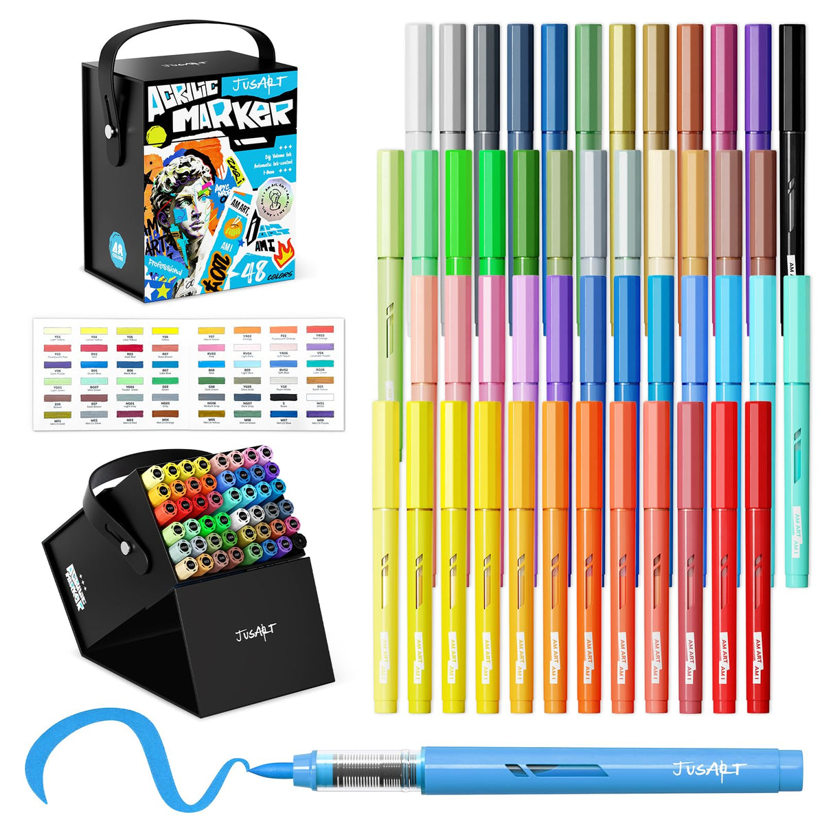 48 Colors Acrylic Paint Markers, Brush Tip, Automatic Ink Control, Acrylic Paint Pens with Ink Level Window, Waterproof Ink for Rock Painting, Wood, Canvas & DIY Crafts